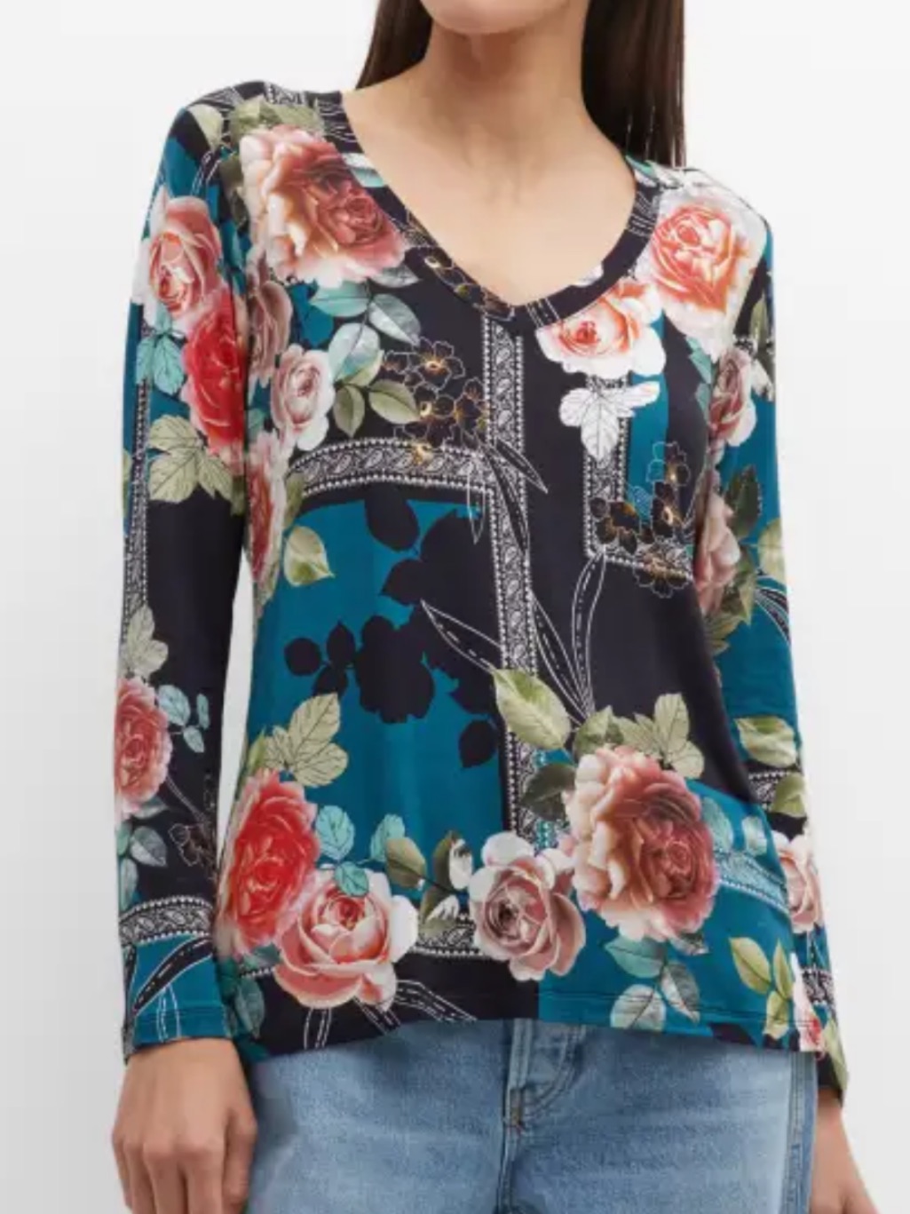 Johnny Was Rosabel Rose Foulard-Print Favorite Long Sleeve Tee Size L